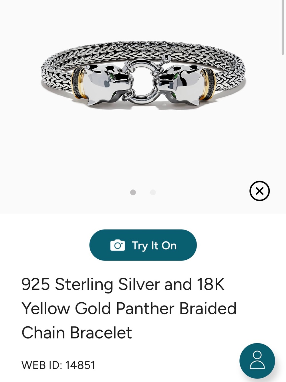 Sterling Silver and 18K Yellow Gold Panther Braided Chain Bracelet - Silver/Gold